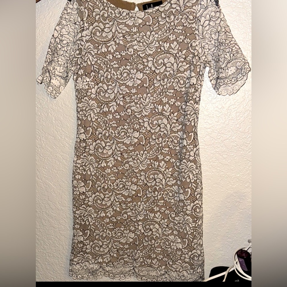 Elegant Lace Overlay Dress - Cream and Tan